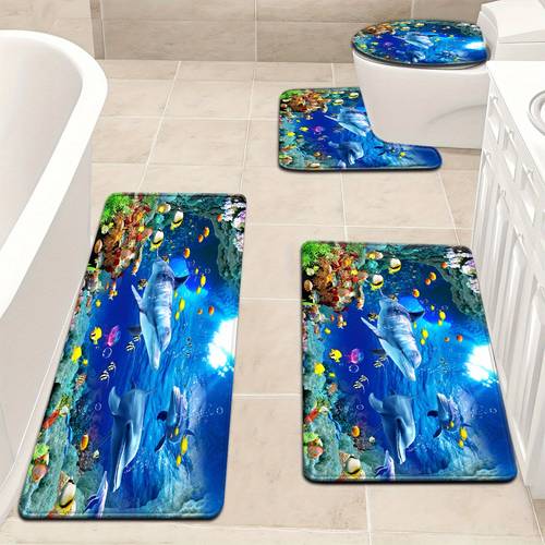 item picture 3pcs 4pcs world dolphin coral pattern bathroom mat set toilet lid shaped toilet mat