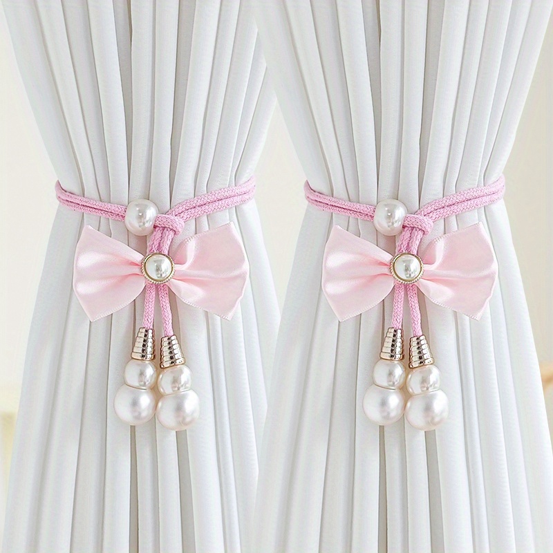 TEMU 2pcs Elegant Pearl Curtain Tiebacks, Adjustable Curtain Rings With Cute Bows, Curtain Decor, Suitable For Bedroom, Living Room, Bathroom,