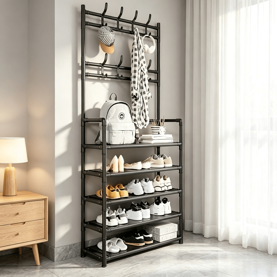 TEMU Multifunctional 4/5-tier Clothes Hat And Shoe Rack, Stainless Steel Thickened Frame, Double-layer Hooks Space- Design, Easy Assembly Durable,