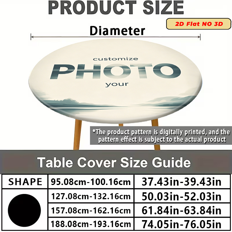 TEMU 2d Flat 1pc Elastic Tablecloth Customize Your Photos Design, Personalized Photo Text Logo Polyester Round Tablecloth For Indoor, Outdoor, Patio,