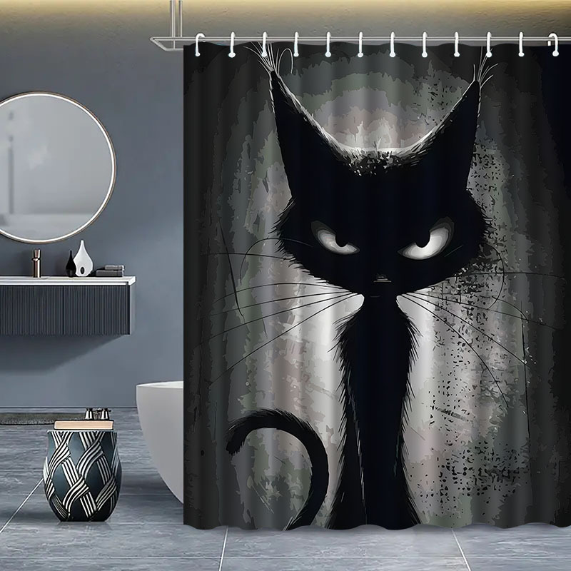 TEMU 1pc Evil Little Black Cat Pattern Shower Curtain With Hook, Water-washable Shower Curtain, Bathroom Partition, Bathroom Additions, Home Decor