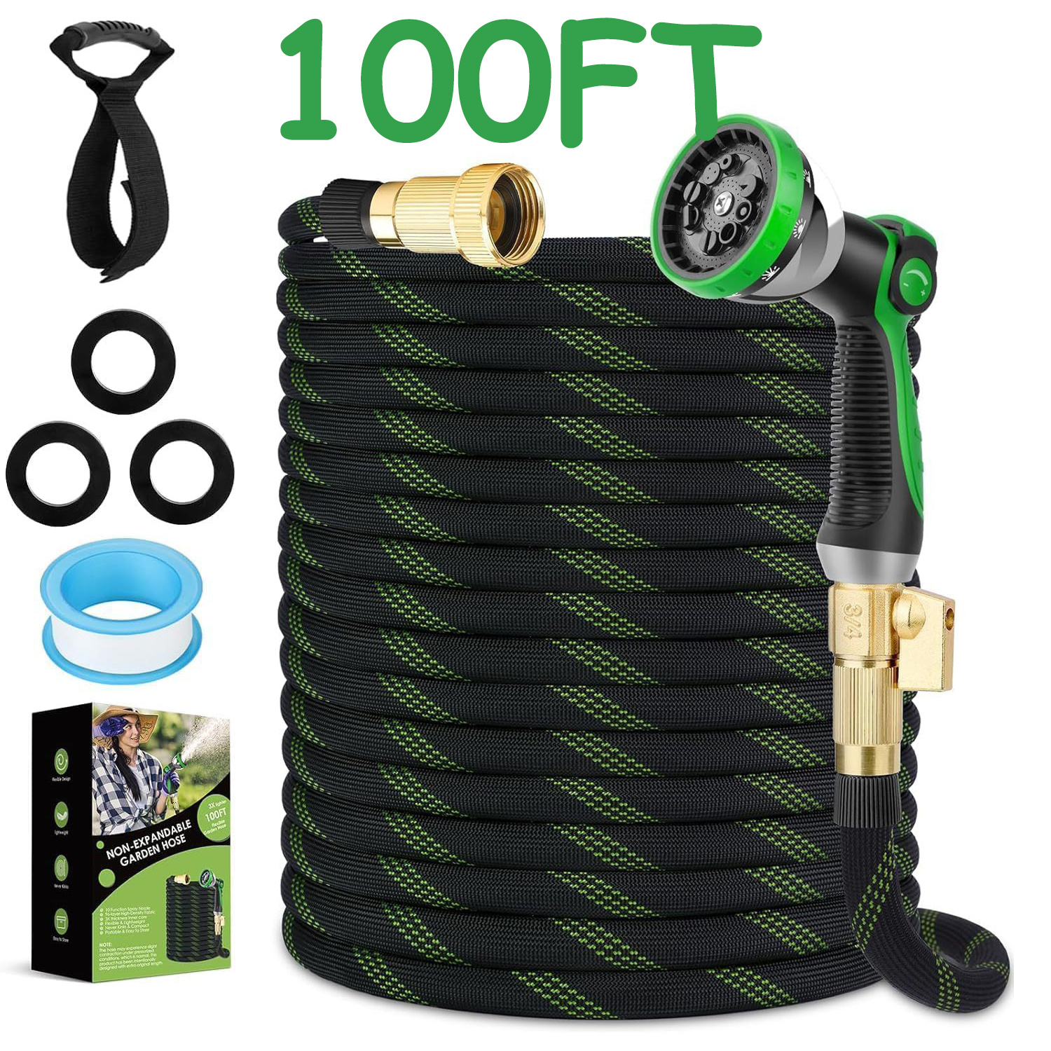 TEMU Garden Hose 25/50/75/100 Ft, Non-expandable Heavy-duty Flexible & Lightweight Water Hose With 10-function Nozzle, Design, Leak-proof Super