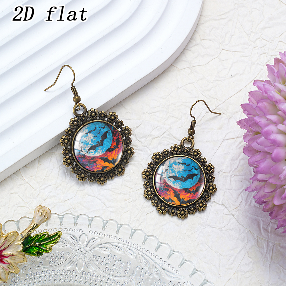 Blue Tone Full Moon Night Bat Cluster Pattern Earrings