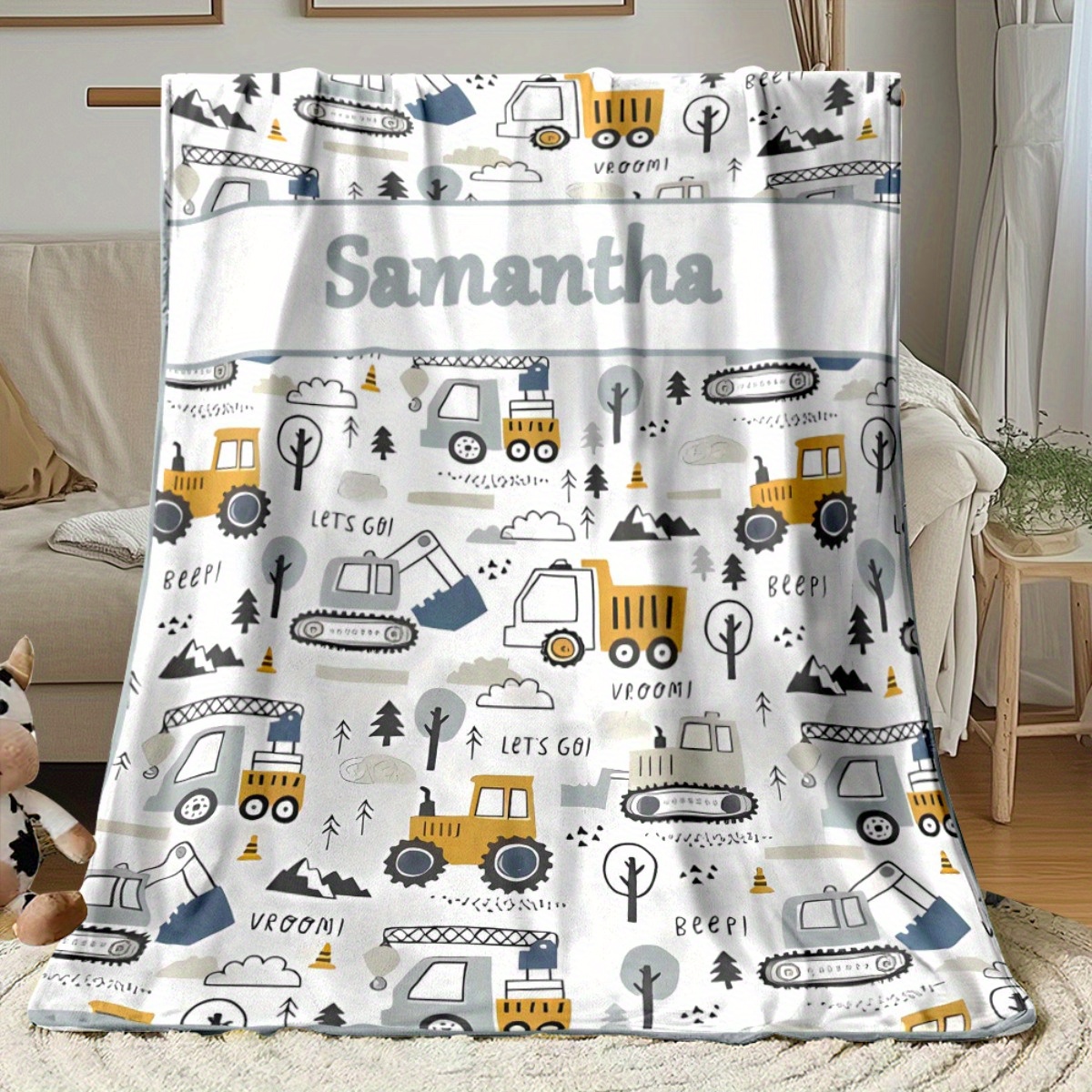 TEMU Couverture portable 1 pièce à motif de véhicules avec nom personnalisé - Plaid léger en flanelle pour canapé, voyage, camping, salon, bureau,
