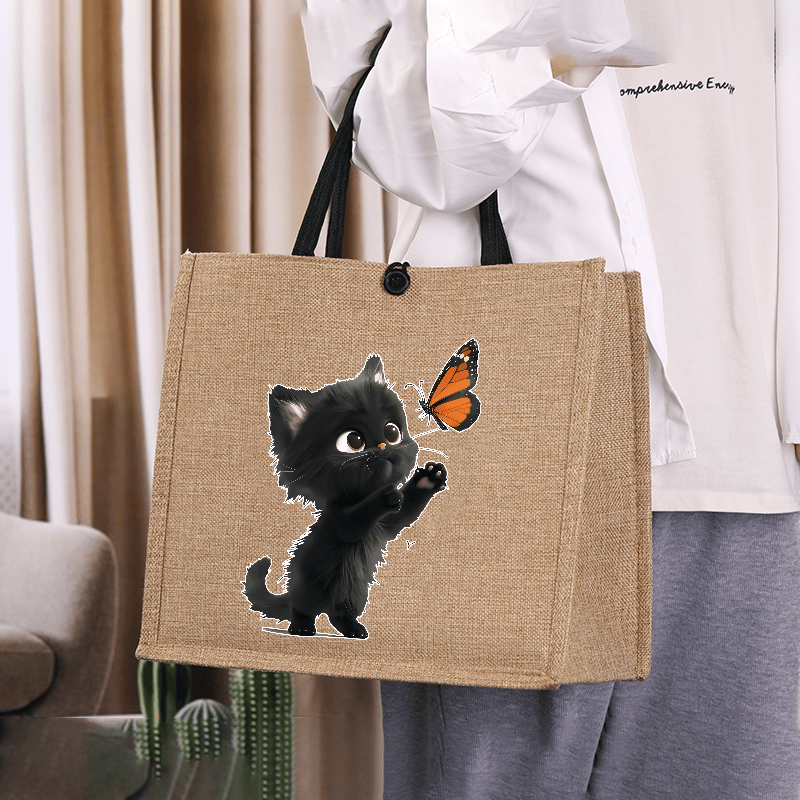 TEMU Chic Sac à Bandoulière en Toile de Jute pour Femme avec Imprimé Chat et Papillon Ludique – Grand Volume pour École, Travail, Courses – Tissu ,