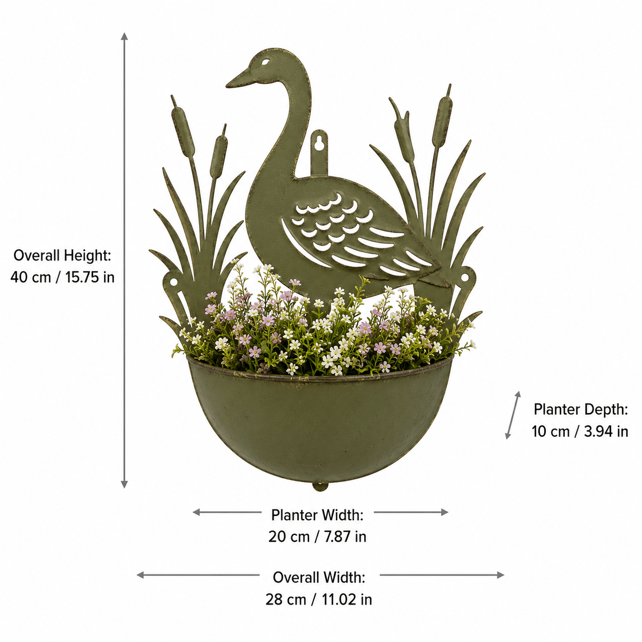 Image of Green Metal Swan Wall Planter, Hanging Half-round Flower Pot With Design For Garden, Patio, Fence And Outdoor Wall Decor, Rustic Bird Plant Holder