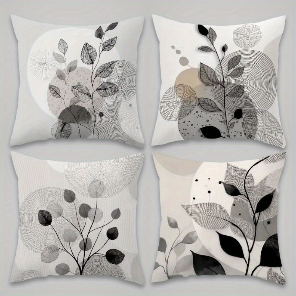 TEMU 2d Flat - 4pcs 2d Flat Printing, Minimalist Ink Style Printed Pillow Covers With Black, White And Gray Plant Branches And Texture Patterns,