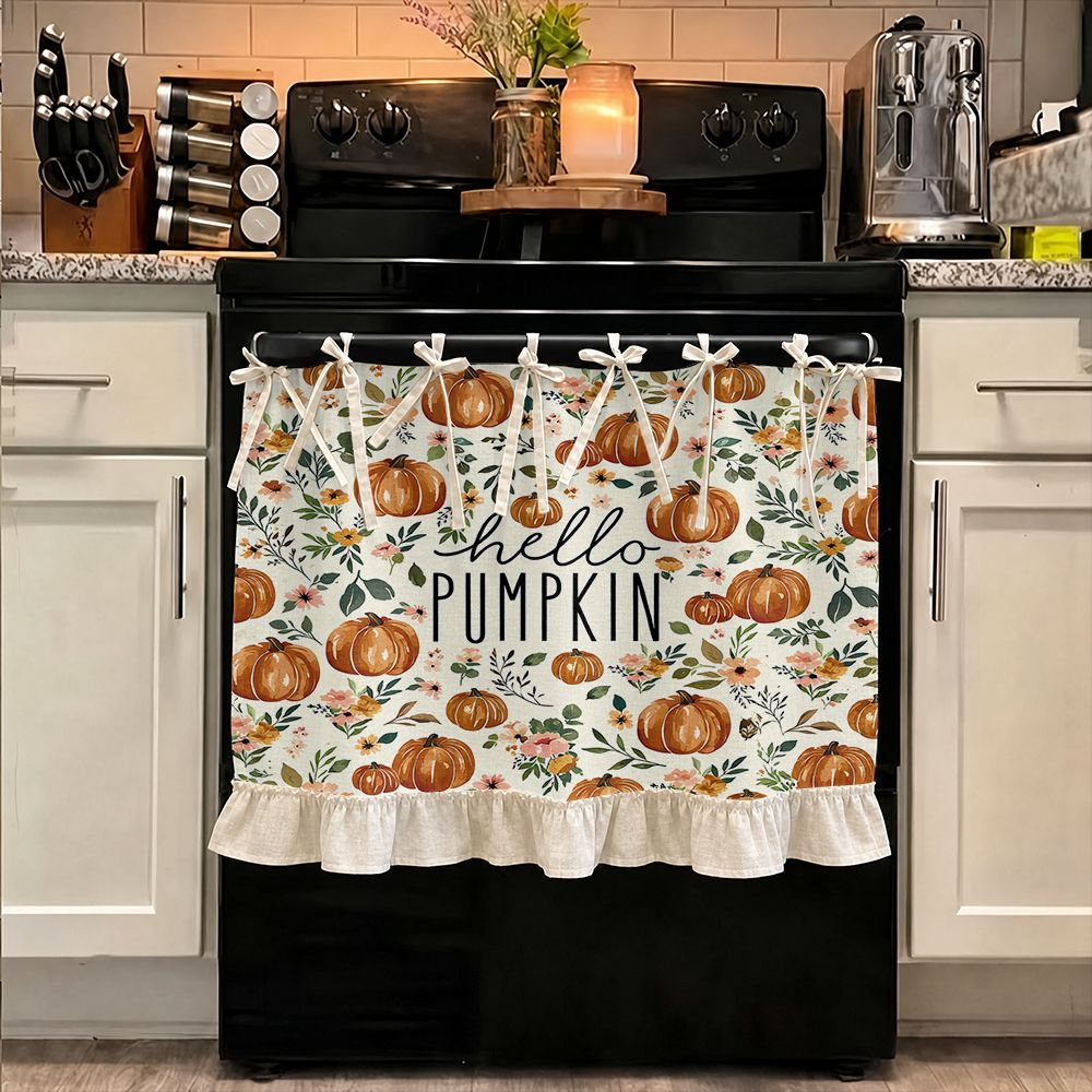TEMU 2d Flat - 2d Flat - 2d Fall Autumn Decor, Kitchen Stove Cover, Multifunctional Oven Protective Curtain, Hello Pumpkin Floral Pattern, Linen Edge