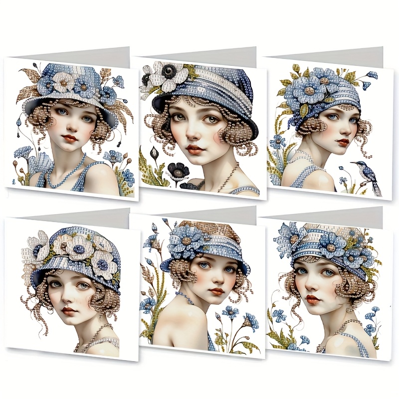 TEMU 6pcs 5d Greeting Card Set - Vintage Elegant Woman With , Irregular Acrylic Gems, Handcrafted Sparkling Cards With Envelopes - Perfect For And
