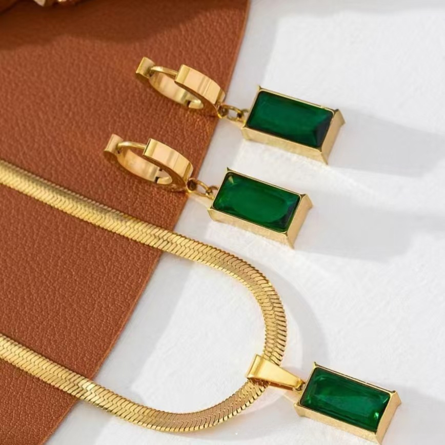 3pcs vintage boho jewelry set for 18k gold plated stainless steel green necklace earrings hypoallergenic bohemian wedding party vacation everyday sensitive light beige durable year round wear details 1