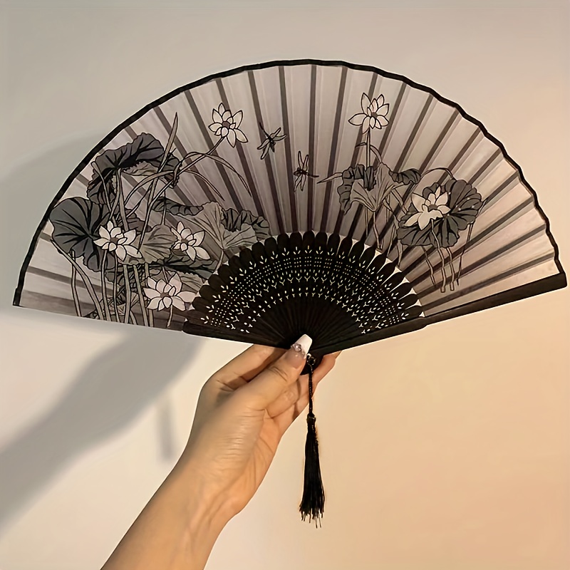 Image of Folding Hand Fan | Asian Style Ancient Chinese Tassel Fan | Portable Dance Fan Wedding Fan | Hanfu Qipao Accessory | Home Decoration