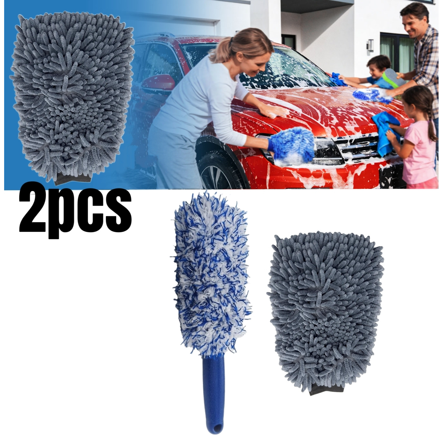 TEMU 2pcs Super Absorbent Chenille Car Wash Gloves And Microfiber Tire Brush - Scratch-free, Perfect For Car Detailing, Professional Car Wash Gloves,