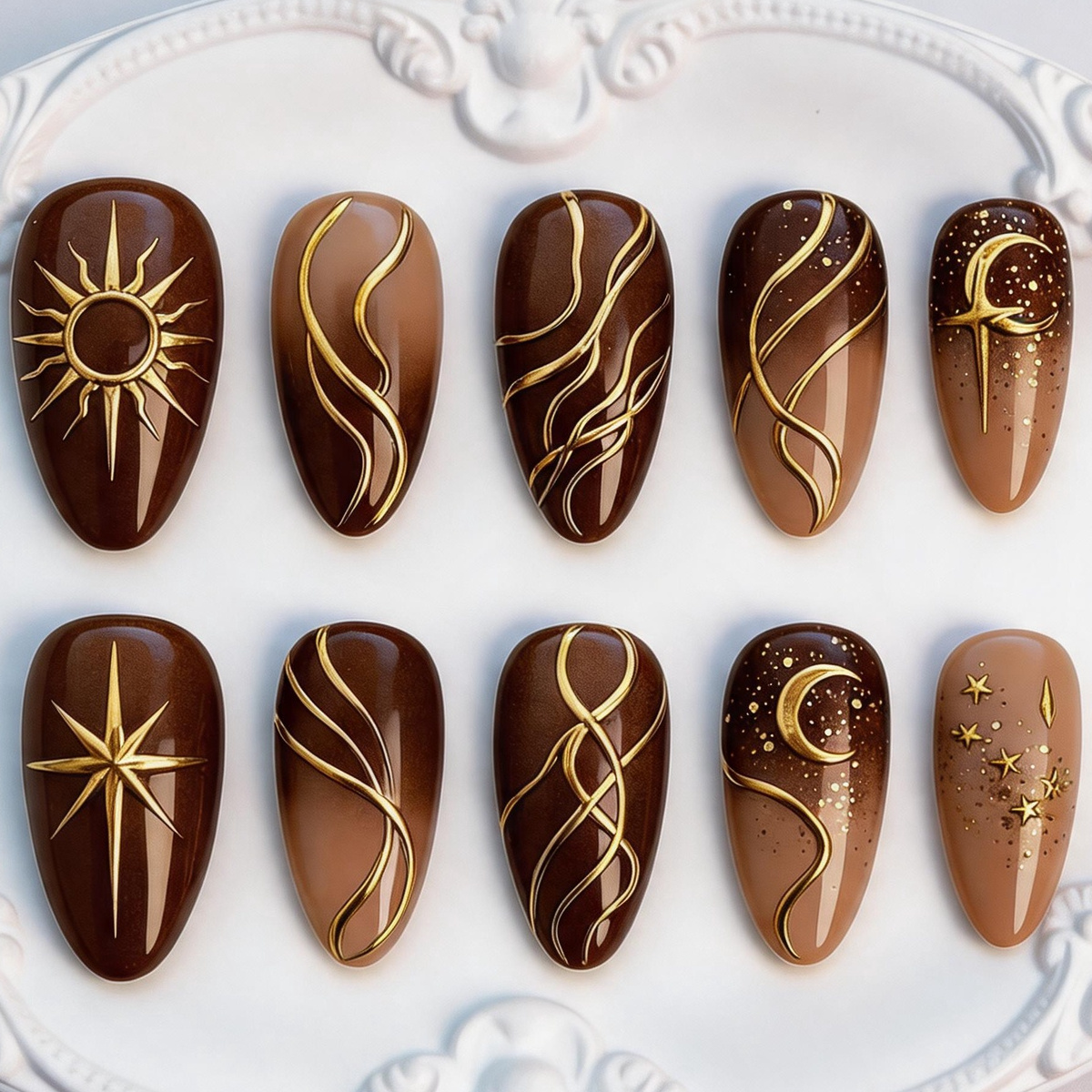 TEMU 10 stuks Bruine 3D Reliëf Vergulde Ster En Draagbare Nagels, Medium Amandelvorm Glanzende Nepnagels, Mystieke Sterrenhemel Stijl Nagelkunst