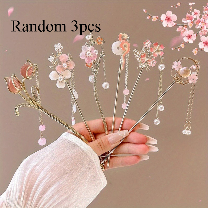 TEMU New Chinese Style Ladies Flower Peach Hairpin Ladies Up Ladies Hairpin Gift For - Random 3