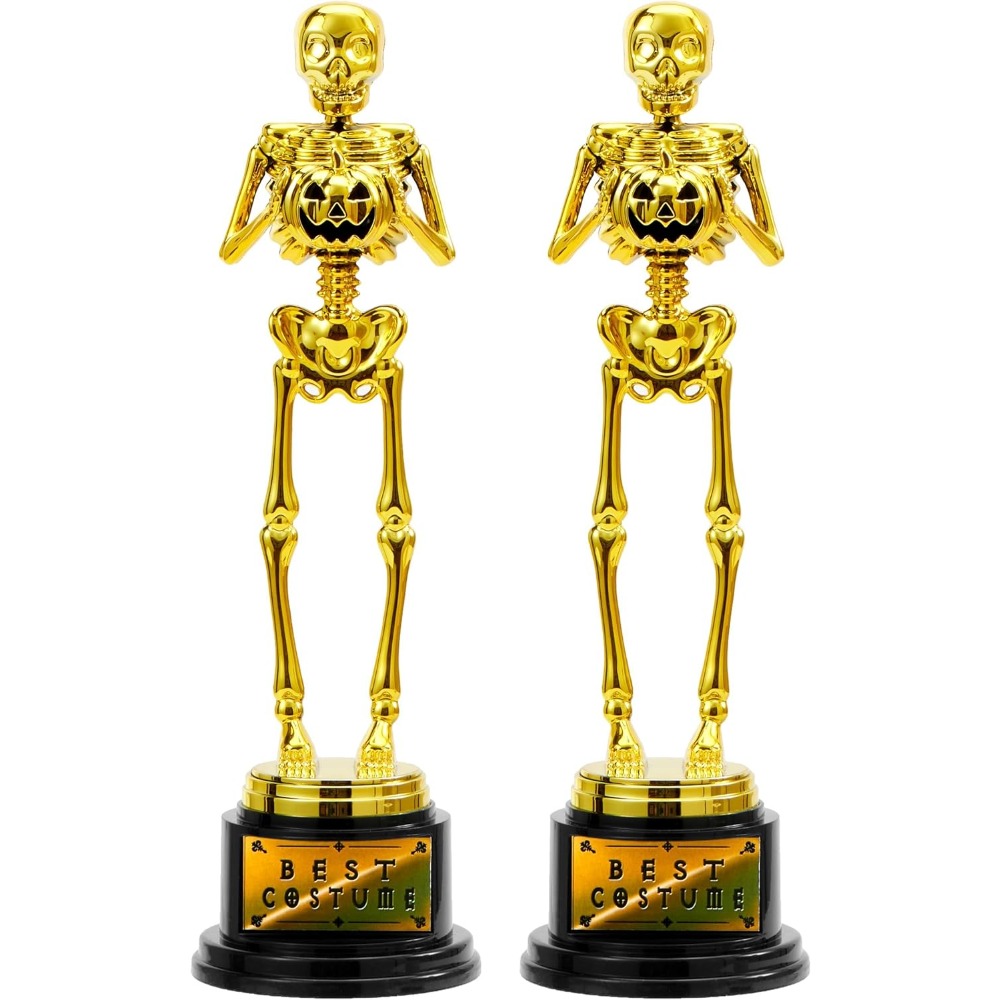 Image of 2pcs Halloween Best Costume Skeleton 11.25 X 3.5inch For Halloween Medals Party Favor Prizes, Golden Costume Trophy, Trick Or Treat