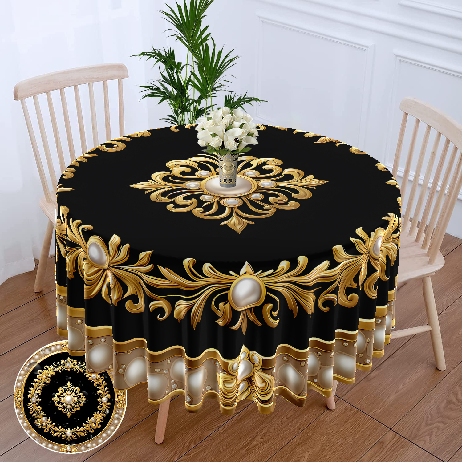 

1pc, Nappe, Fond Noir Bordure Dorée Imprimé Totem de Perles Nappe Circulaire, Imperméable Couverture de Table de Salle à Manger de Terrasse de Couleur, Rétro Tapisserie de Tête