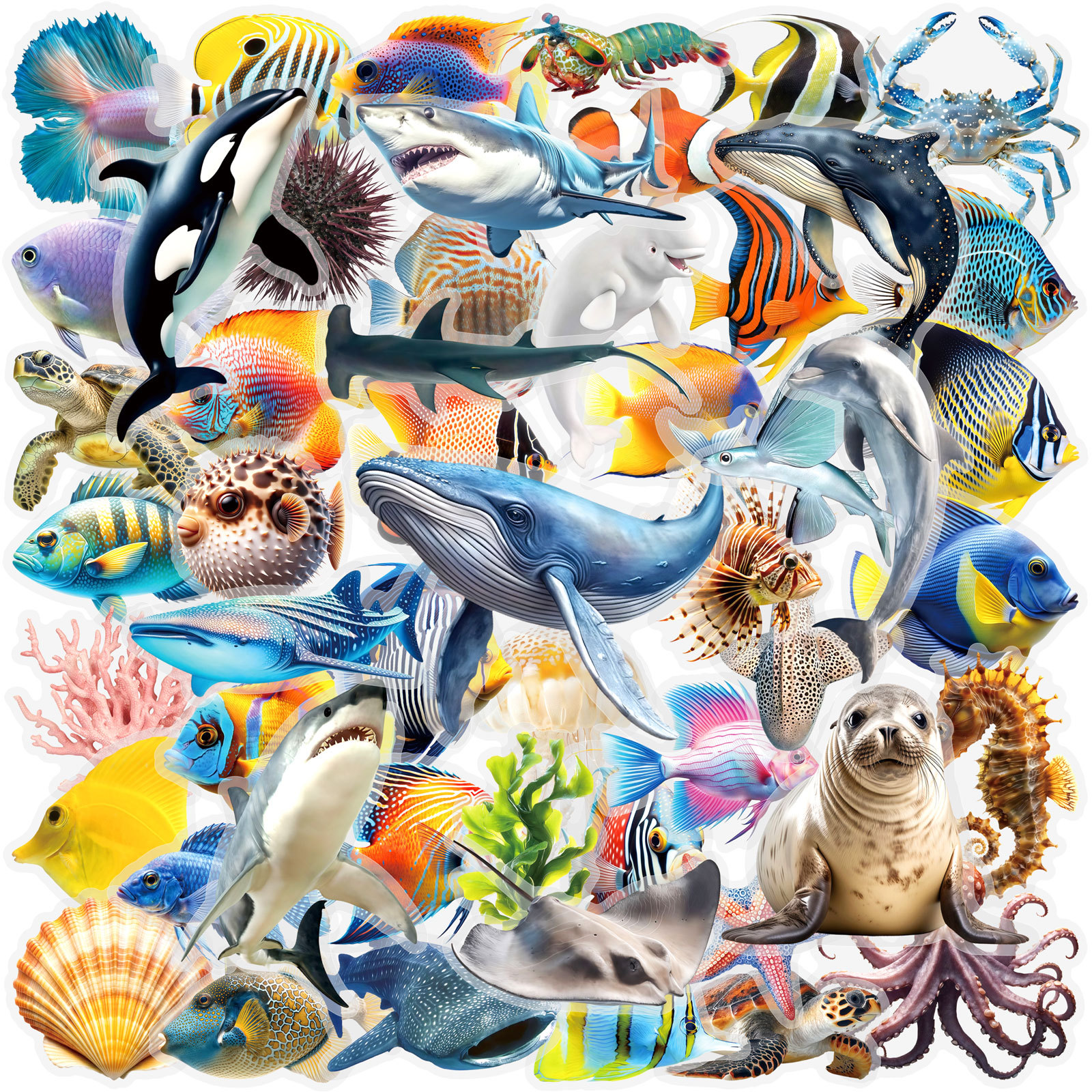 50 Sheets World Marine Animals Series Doodle Stickers Suitable For Suitcase Phone Case Laptop Helmet Skateboard Decorative Stickers Murals Decorative Stickers