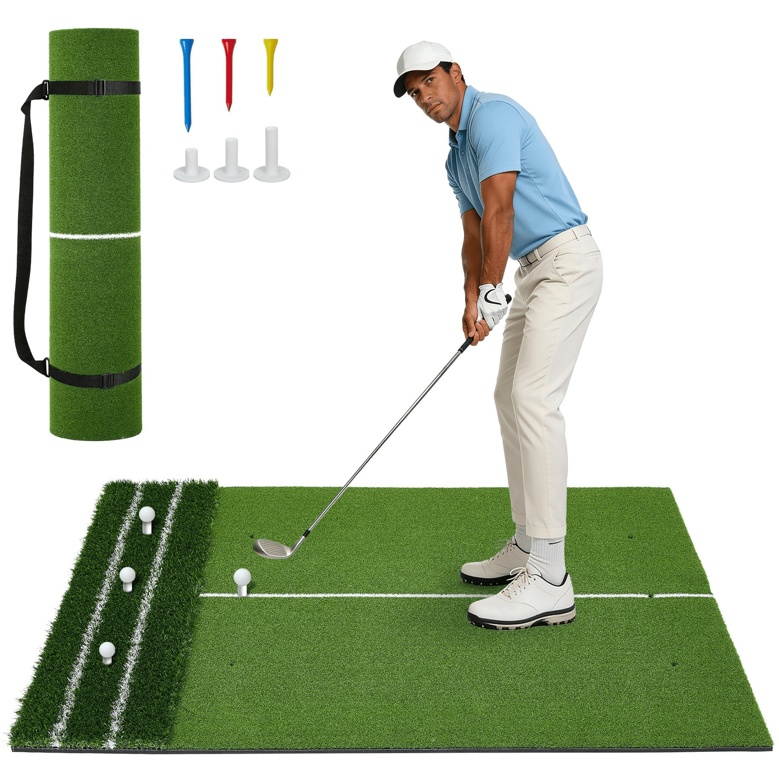 Image of Dual Turf Golf Hitting Mat High Density Artificial Grass Practice Mat With Alignment Lines 6 Tees And Carry Strap For Indoor Outdoor Chipping Driving Swing Training Ideal For Golfers