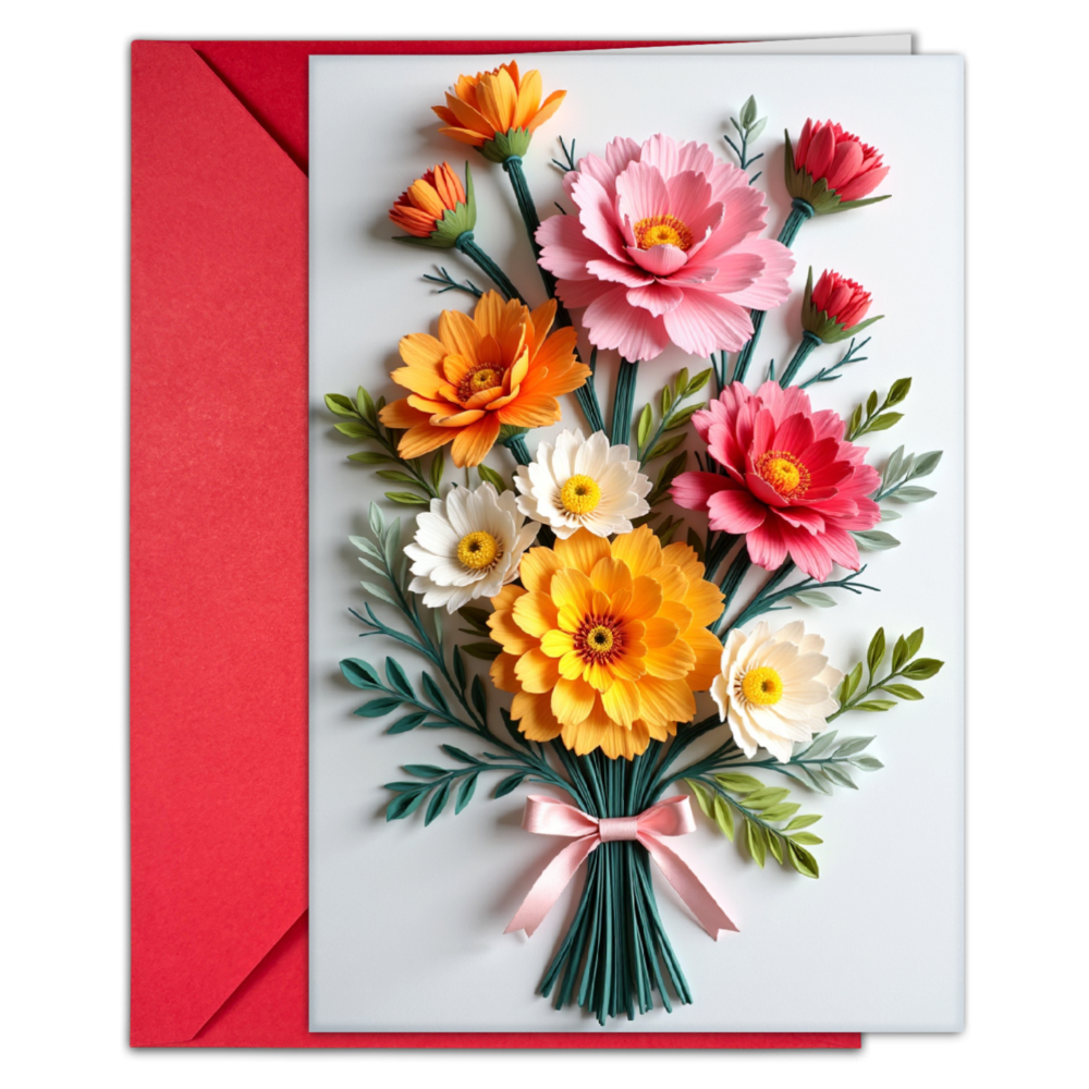 TEMU 1 Set Greeting Card With Envelope, Bouquet Design, Multicolor White Yellow Flowers, Elegant Ribbon Bow, Birthday Wedding Anniversary Celebration