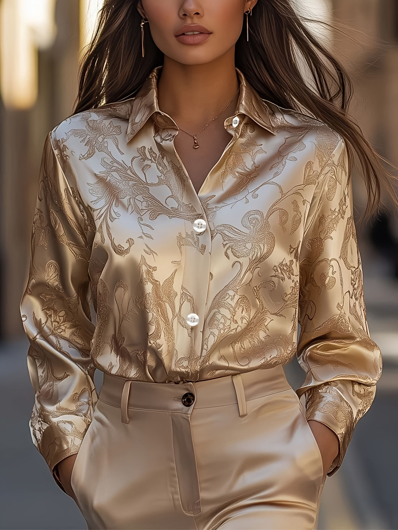 Gold Satin Floral Print Button Blouse