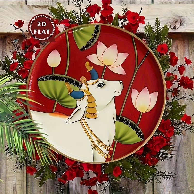 TEMU 2d Flat - A 2d Wooden Printed Round Vintage Wall Art Piece - Easy To Hang With Pre-drilled Holes, Featuring A Lotus Deer Design With Golden
