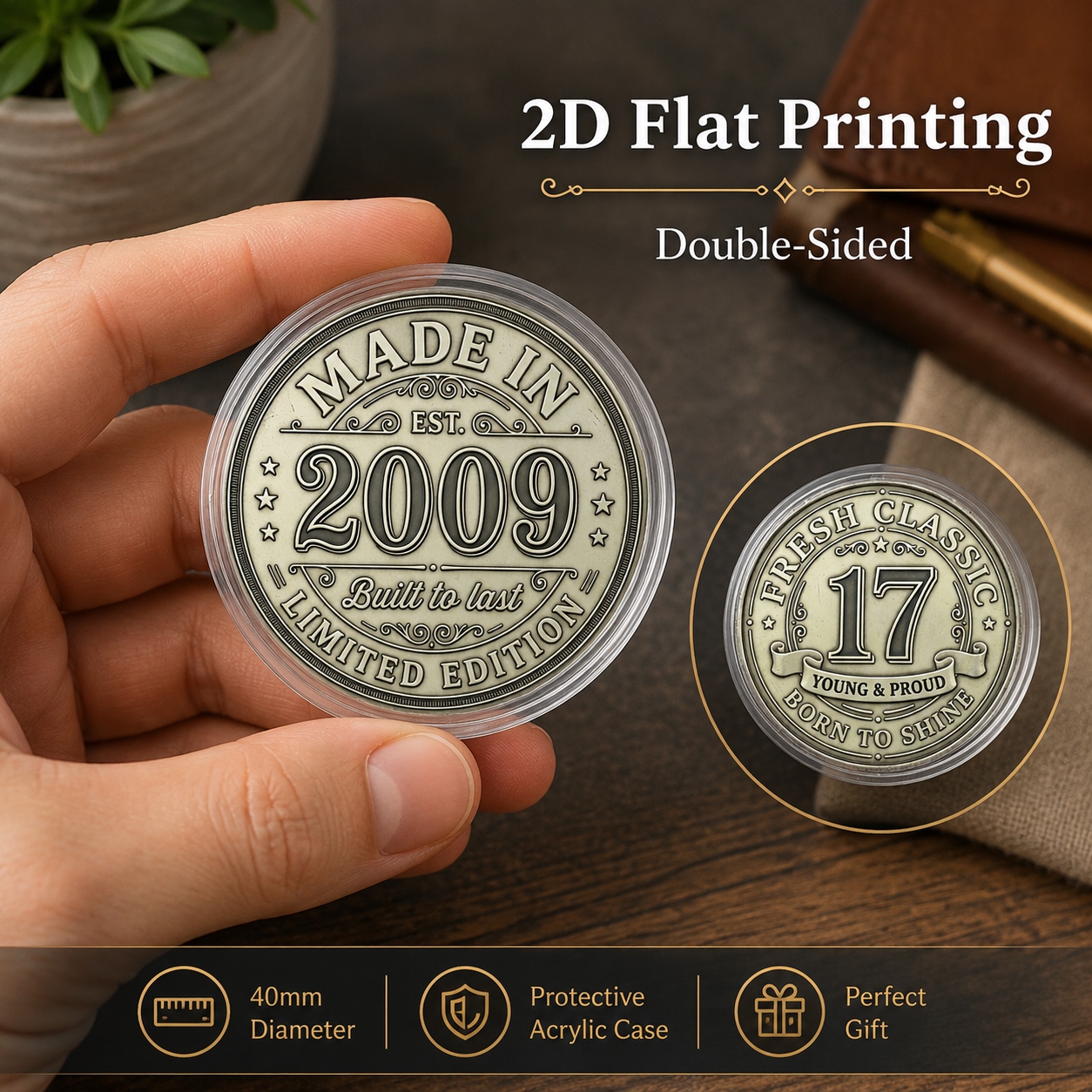 TEMU 1pc, 2d Flat, 2009 Fresh Classic Commemorative Coin (4cm/1.57in), Double-sided Decorative Birthday Coin With Acrylic Protective Case, Light