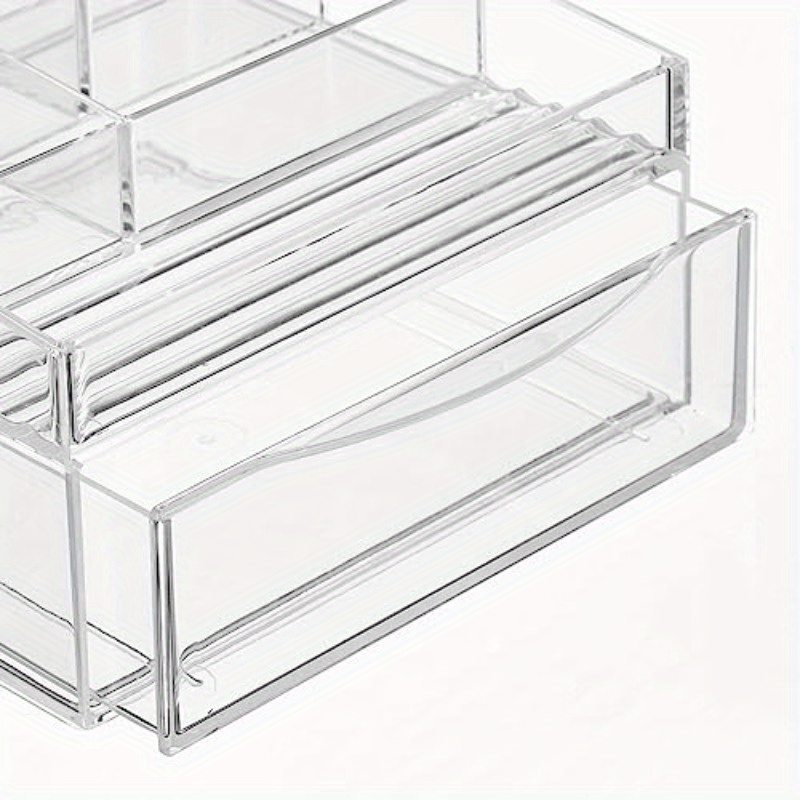   collection clear plastic divided makeup organizer bin with front drawer 11 compartment bathroom vanity storage for cosmetics brushes nail art tools durable countertop organizer space saving design 7 68x7x4 6in cosmetic storage organizer versatile use     material home organizers Product details 4