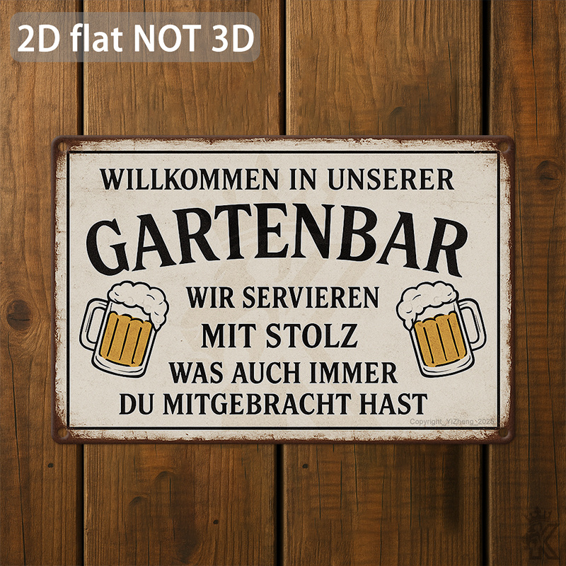 E-shop 2D Flach, Vintage Deutsches -Metallschild – Willkommen in unserer Gartenbar mit deutschem Text & Bierkrug-Kunst – 20x30 cm/8"x12" Aluminium