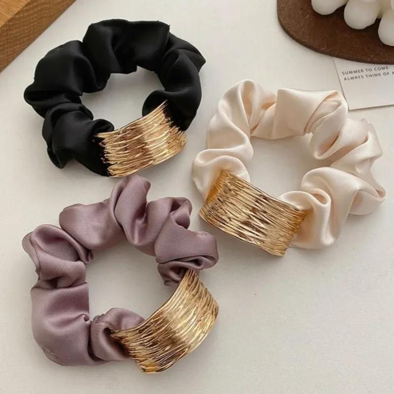 Image of 3pcs Metal Satin Large Ring Women Rubber Bands Hair Ties Hair Rope Ponytail Holder Headdress Hair Accessories