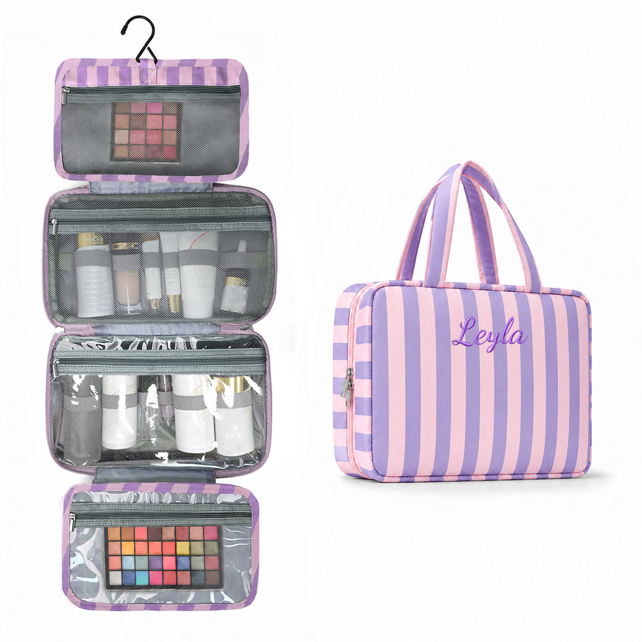 TEMU Personalized Striped Travel Toiletry Bag, Large Capacity Foldable Makeup Organizer Bag With Custom Embroidered Name, 4-fold Portable Cosmetic