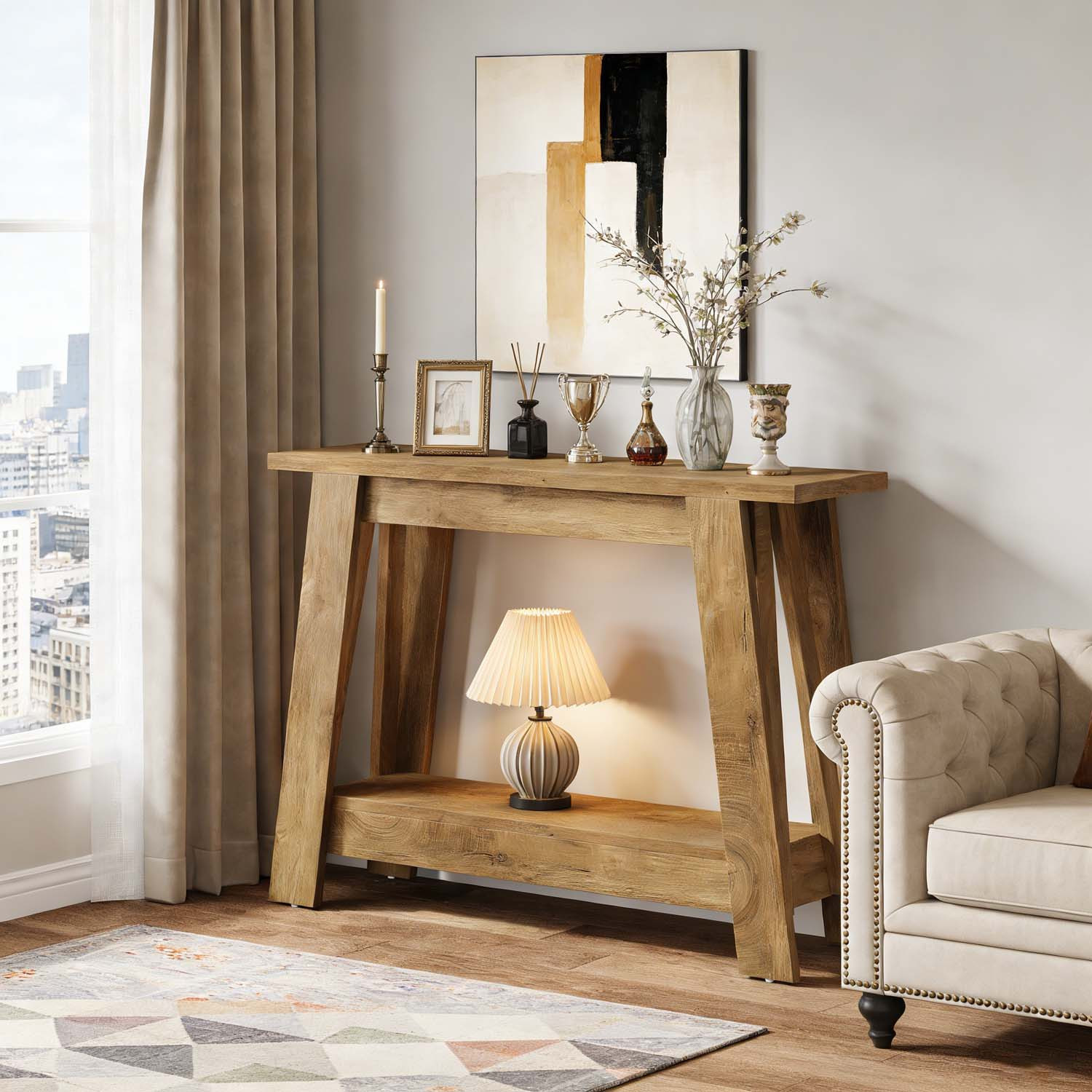 Console Table 105cm Wide Suitable For Narrow Spaces - 2-tier Hallway Table With Storage Shelf, Wood & Natural, Assembly For Behind Living Room, Entryway, Entrance Hall