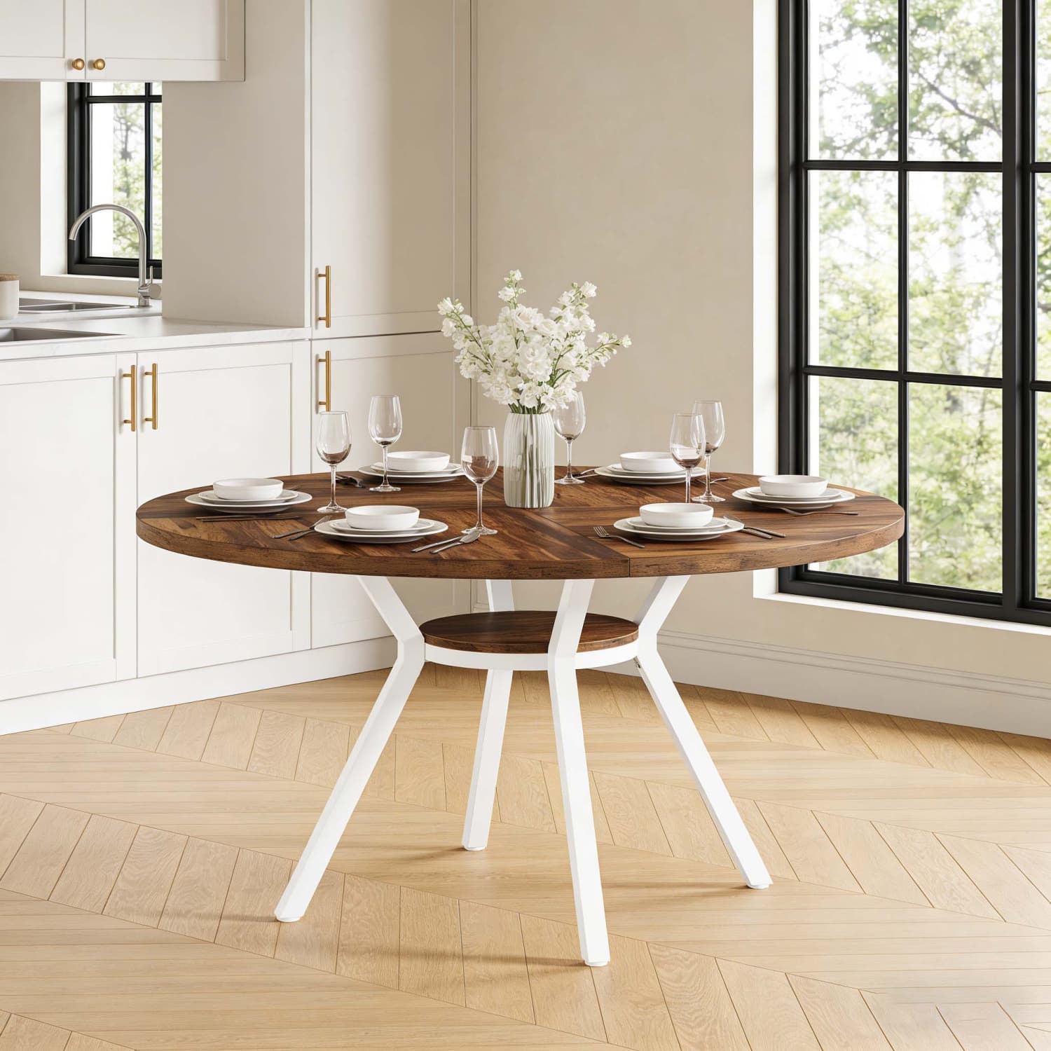 Image of 1pc 120cm Round Dining Table With Storage | Wooden Top With Metal Legs, Rustic Mid Century , Scratch Resistant, Mixed Color, Contemporary Missoul