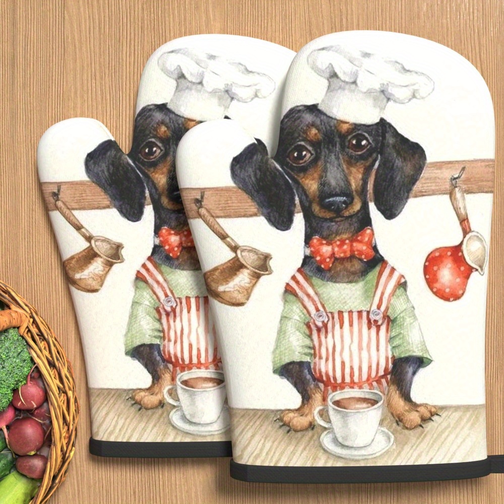 TEMU 2pcs Set Of Heat-resistant Oven Mitts, Suitable For Grilling, Baking, And Bbq—cute Dog Chef Kitchen Gloves, For Cooking, Microwave Use, And As