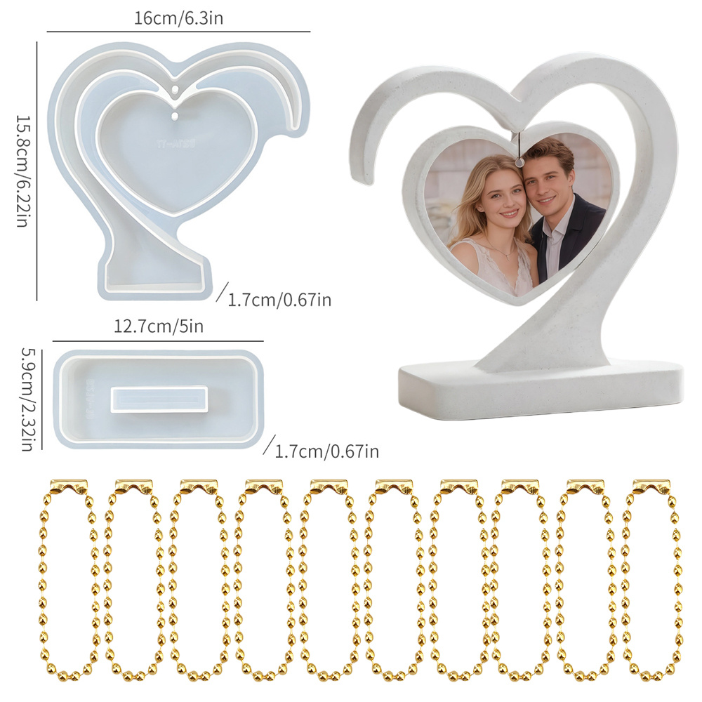 TEMU Heart-shaped Photo Frame Decoration Epoxy Resin Mold With 10 Beads, Interlocking Heart Photo Frame Epoxy Resin Silicone Mold, Home Decoration