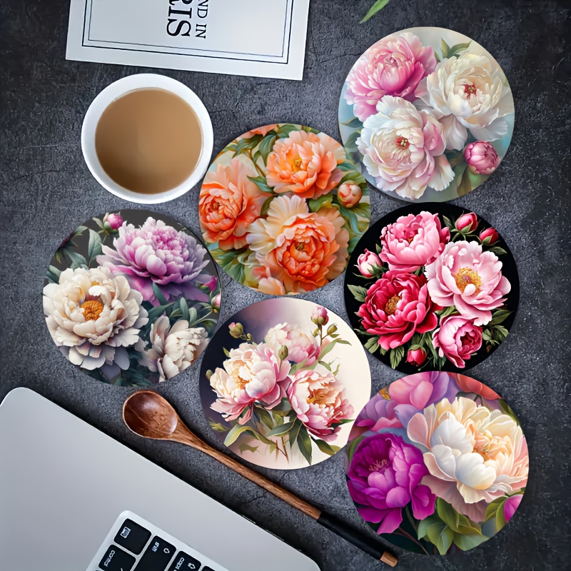 TEMU A Set Of 6 Heat-resistant Wooden Coasters With A 2d Printed Peony Pattern, Suitable For All . Ideal For Home, Office, And Party Use As Drink