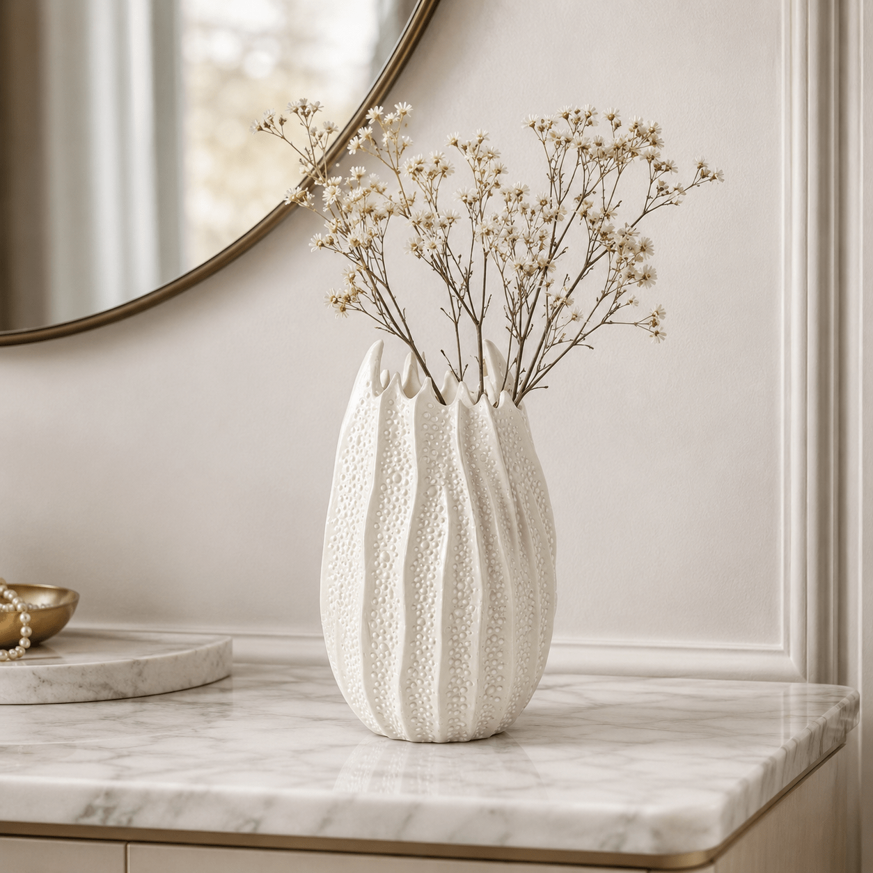 Sea Urchin Ceramic Vase Suitable for Bohemian & Nordic Decor - Modern Minimalist Round Cylindrical Urchin Vase, White Pattern Tabletop Centerpiece for Dried Flowers, Sea-Themed Home Ornament for Living Room, Coastal Gift