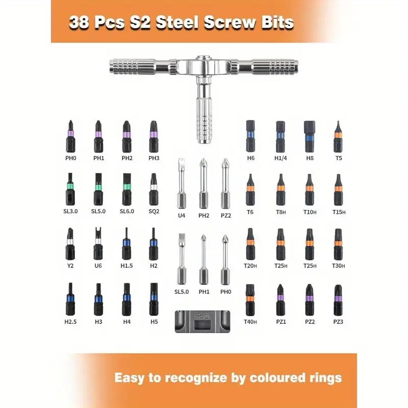 40-in-1 ratchet screwdriver set with 38pcs s2 steel bits, multi-magnetic detachable handle, portable electrical assembly tool kit, no electricity needed, screwdriver set|ratchet mechanism|durable construction, screwdriver set Product details 3