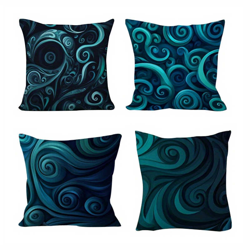 TEMU 4pcs Maori Style Vortex Pillowcase Set, Soft Fiber, Zipper Closure Suitable For Seasonal Decor, Turquoise And Black Blue Pattern, Home Decor,