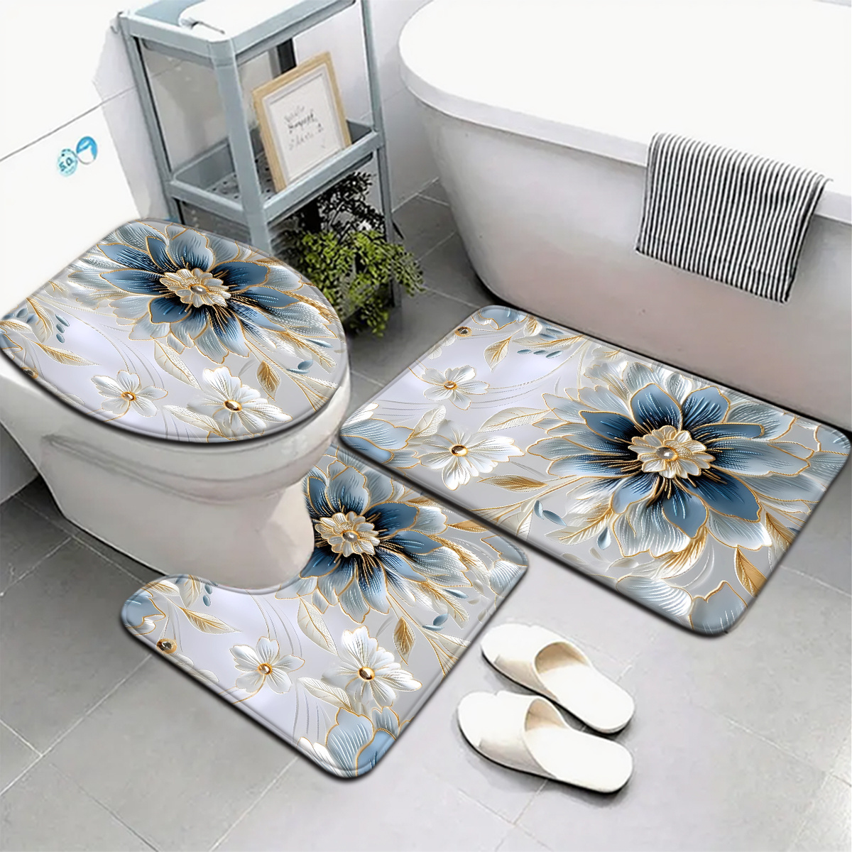 TEMU 3pcs Bathroom Mat Set In Blue And White Peony Design, Including Toilet Seat Cover And Carpet, U-shaped Foot Mat For Bathroom Decor