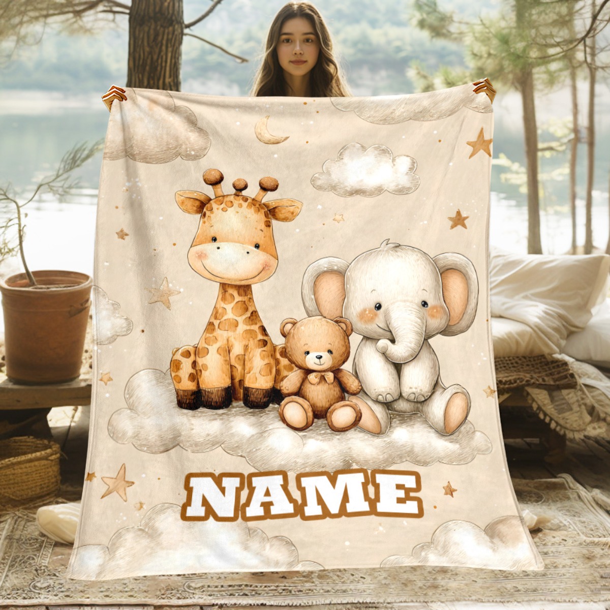 TEMU Custom Name Giraffe And Elephant Pattern Jungle Animal Blanket, Soft Lightweight Bed Cover, Suitable For Bed, Sofa, Camping, Beige Bedding Gift