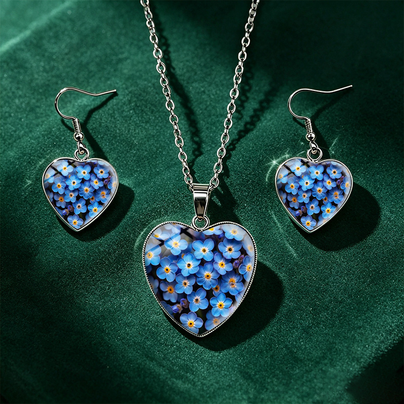 TEMU 3pcs Handmade Glass Cabochon -me-not Flower Jewelry Necklace & Earrings Suitable For Men And Women, Blue Pendant, Unisex Gift For Christmas,,
