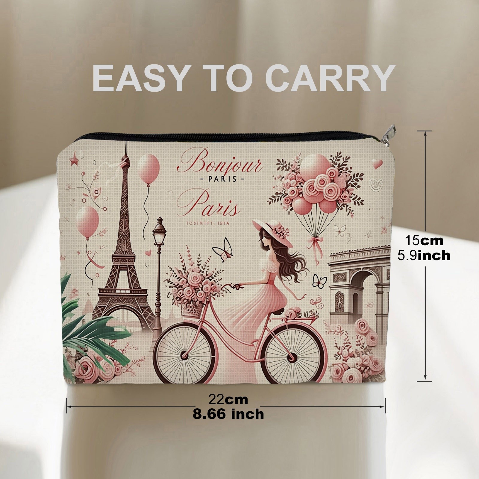 TEMU Pastel Tower Makeup Bag - French-themed Cosmetic Organizer Suitable For Travel & Daily Use, Lightweight Double-sided Eiffel Polyester Pouch With
