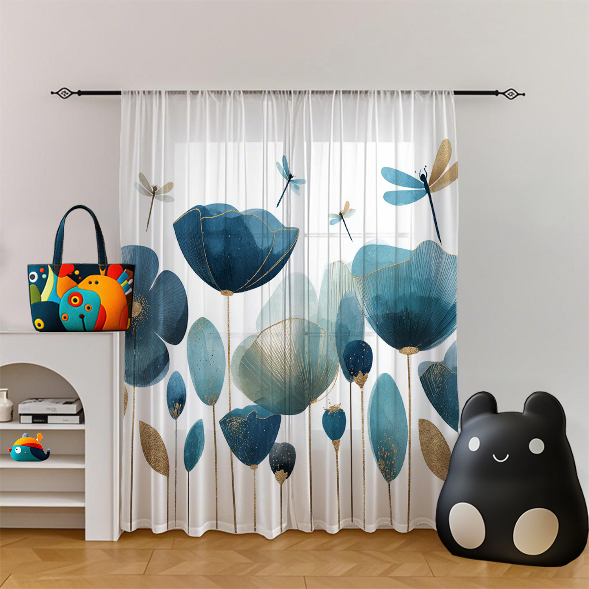 TEMU Lot de 2 rideaux semi-transparents pour fenêtre, décoration d'intérieur, élégants rideaux voilages floraux aquarelle et dorés avec style et