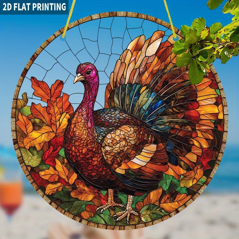 TEMU 2d Flat 1pc, Autumn Turkey Sun Catcher, Round Acrylic Sign, Colorful Window Hanging Decoration, Warm And Festive, Perfect For Thanksgiving And