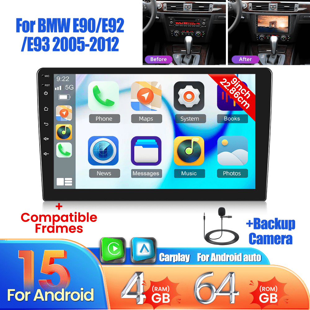 Androidom 15 za BMW E90/ E92/ E93 2005-2012, 9-palčni zaslon na dotik s CarPlay, brezžično Auto, radio zaslon, WiFi, FM, mikrofon, AHD vzvratn