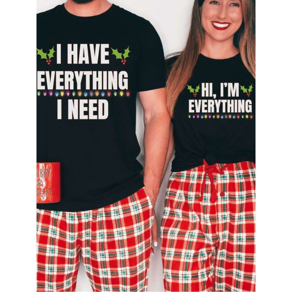 

Cozy 100% Cotton Couples' Christmas Pajama Set - Funny Heat Transfer Print, Short Sleeve & Round Neck T-shirts For Men And Women, Machine Washable