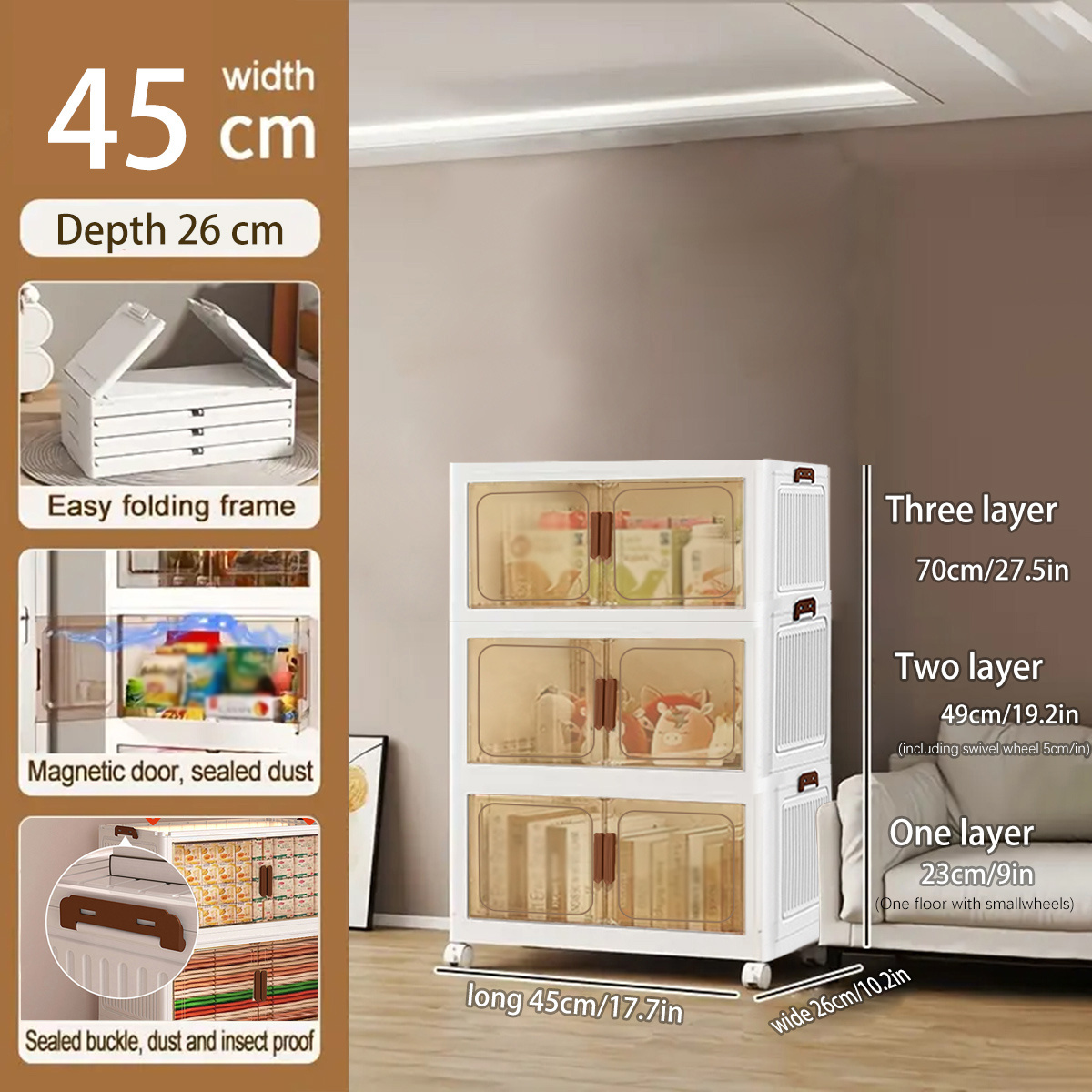 45cm Storage Box, Stackable Storage Box With Wheels, Multi-functional Folding Cabinet, Storage Box With Door And Storage Box, Suitable For Home And Office Storage And Organization Products
