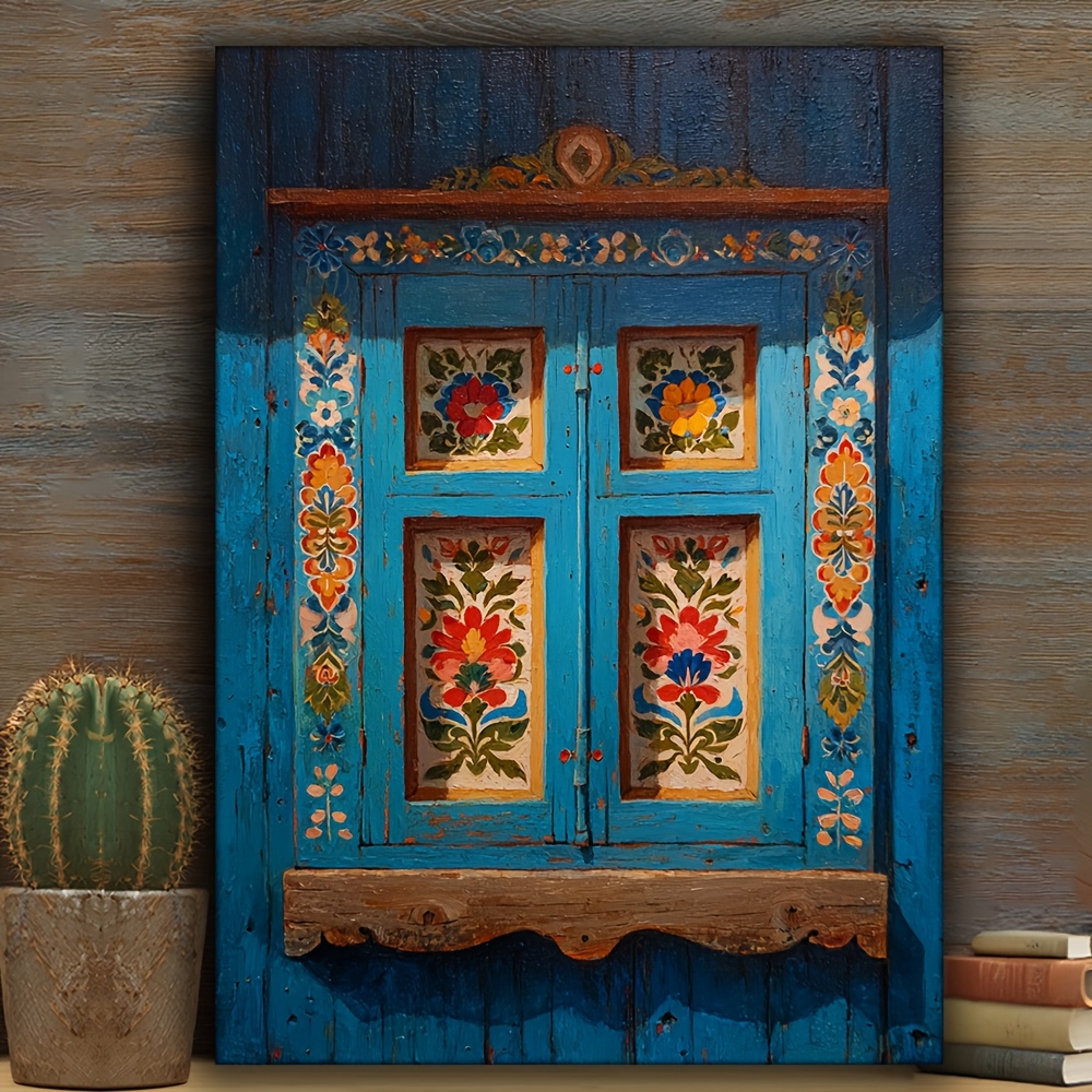 TEMU 2d Flat, 2d Flat, [2d Flat] 1pc, Wrapped Wooden Decorative Paintings, High-oil Painting Featuring A Window Illustration, Romanian Folk Designs,