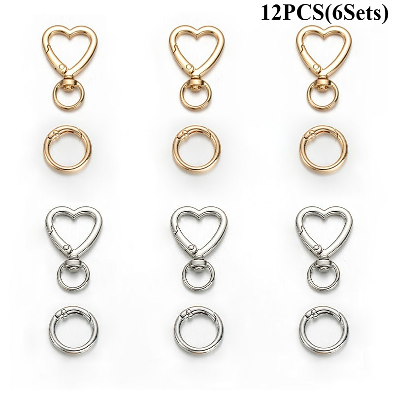 TEMU Set da 12 portachiavi ad , 6 ganci a molla a forma di cuore in metallo e 6 moschettoni a molla con anello a O, adatti per fai da te su valigie,