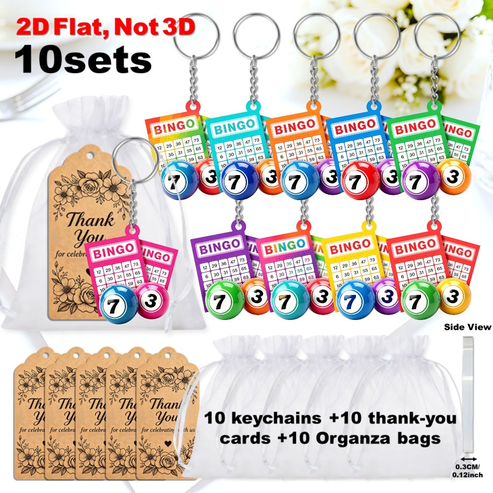 TEMU 2d Flat, 10 Sets Multicolor For Bingo Keyring Packs, For Bingo Card And Ball Acrylic Charms With Thank You Tags And Organza Bags, Bulk Party